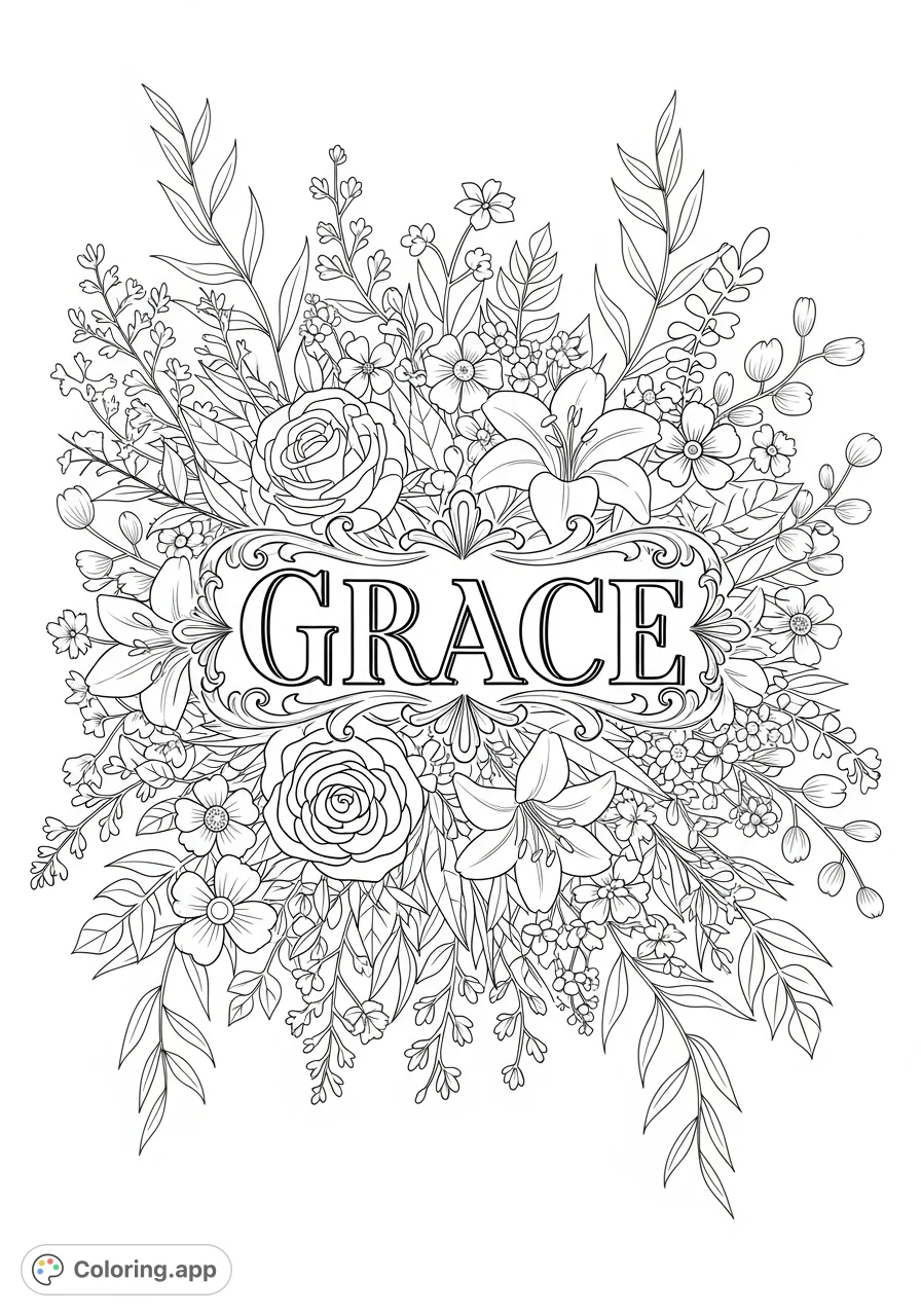 A beautiful whimsical floral background surrounds the elegant word 'Grace' in a vintage font. A serene and delightful free printable floral coloring page.