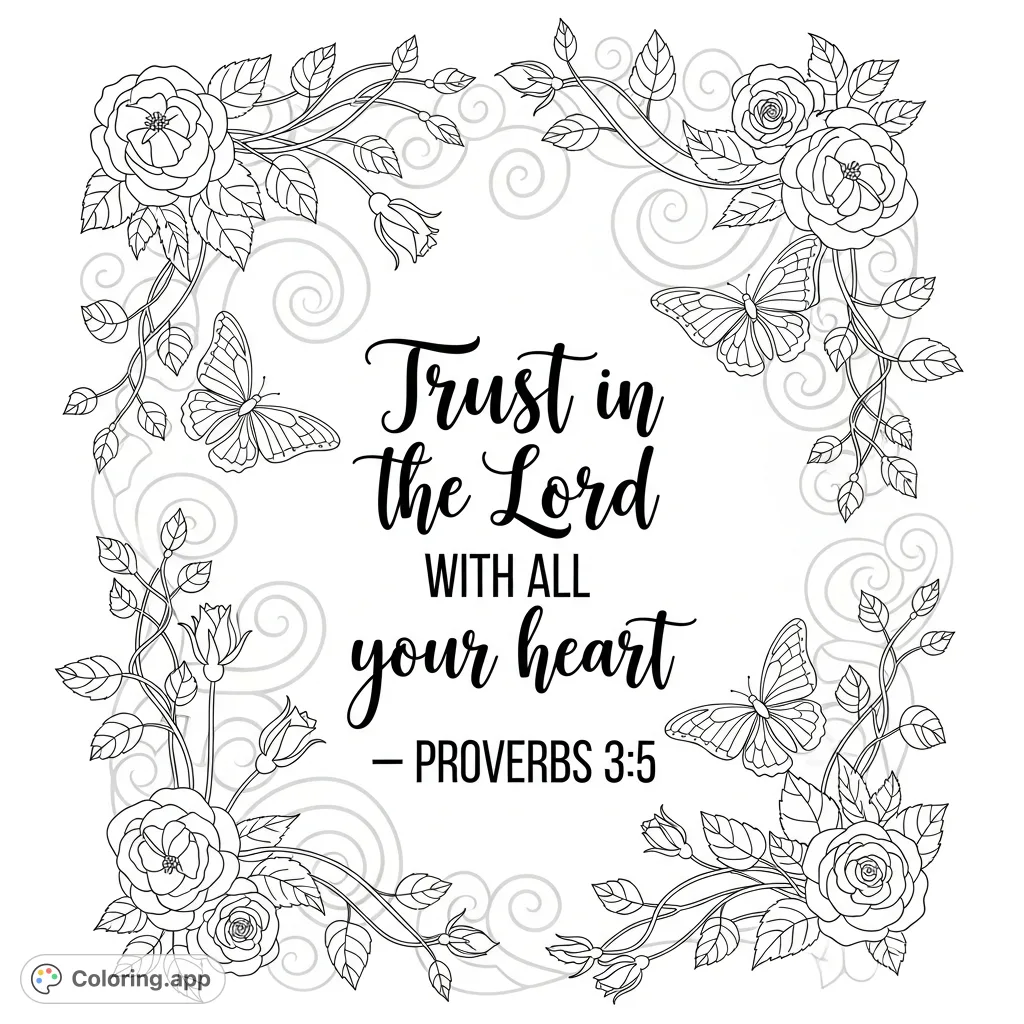 A beautiful whimsical floral coloring page featuring the inspirational verse "Trust in the Lord with all your heart – Proverbs 3:5" amidst detailed vines, roses, and butterflies. Perfect for reflection and creative expression.