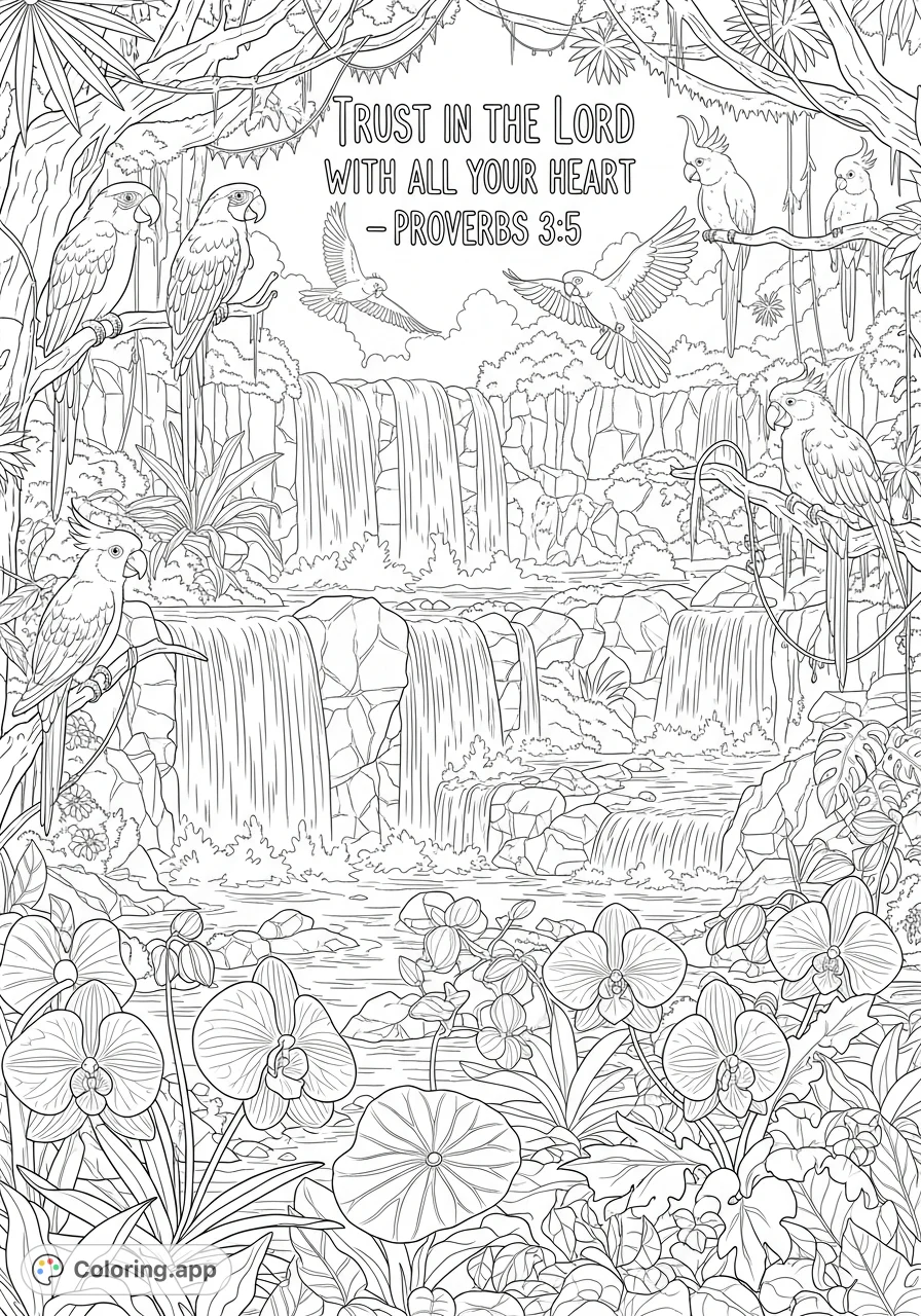 A detailed rainforest scene with cascading waterfalls, vibrant flora, exotic parrots, and an inspiring Bible verse, perfect for mindful coloring.