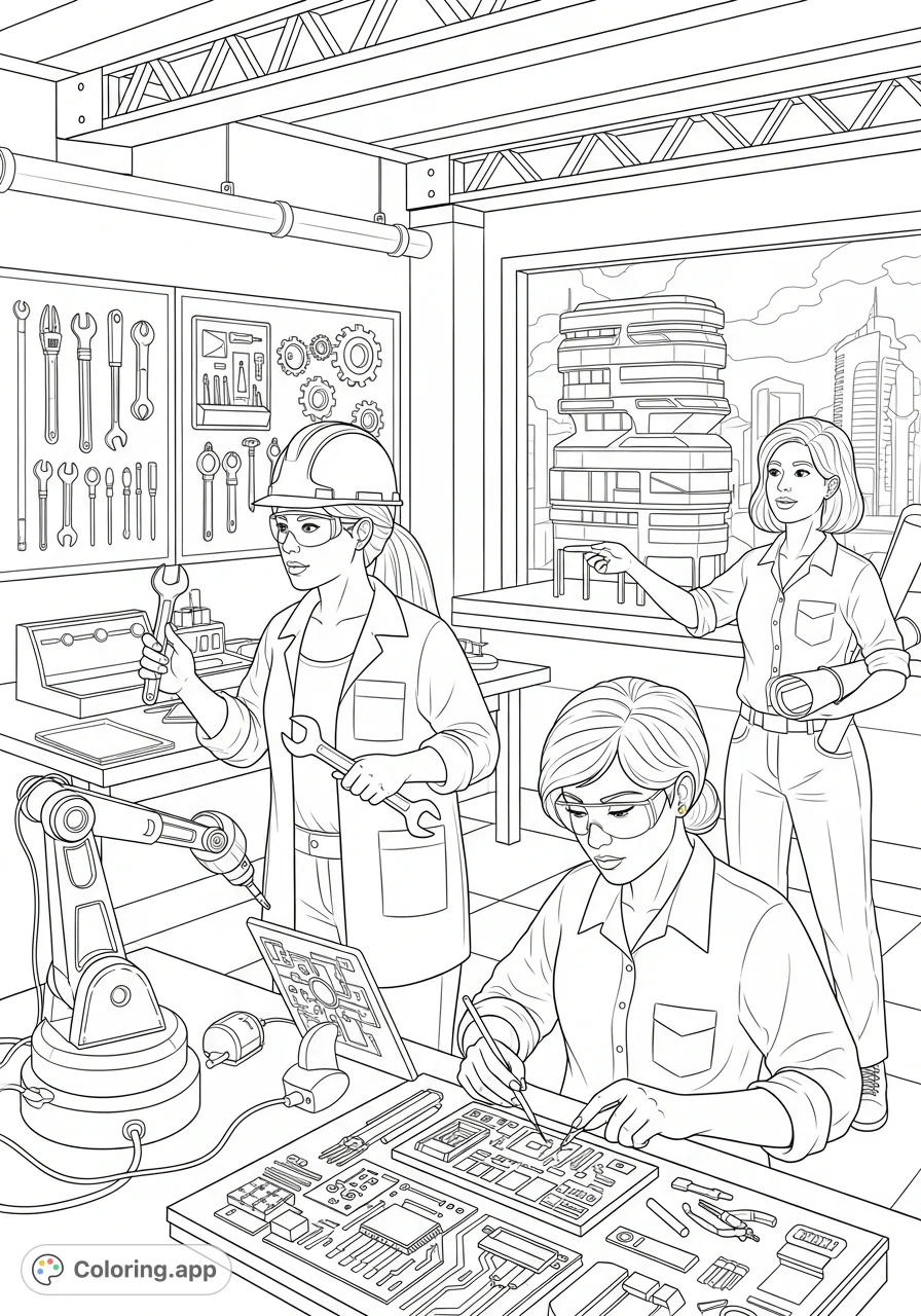 Celebrate women in STEM with this empowering coloring page. Featuring diverse women engineers designing and building the future in a detailed workshop setting.