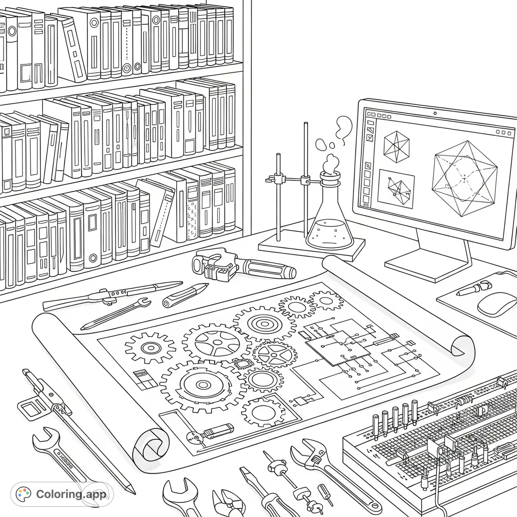 Explore the intricate world of engineering academia with this detailed coloring page, featuring blueprints, tools, and circuit boards.