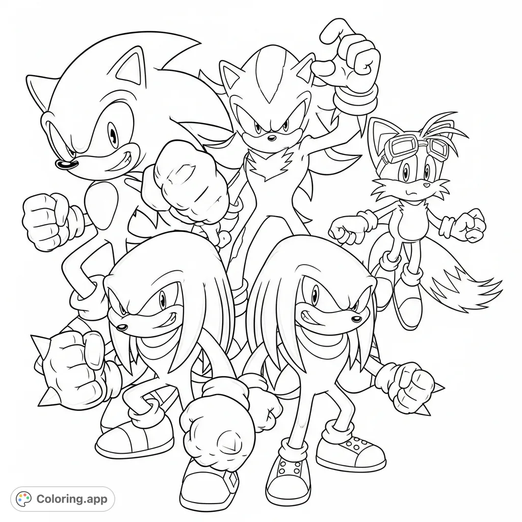 An action-packed Sonic the Hedgehog coloring page featuring Sonic, Shadow, Knuckles, and Tails in dynamic, detailed poses from the live-action movie, ready for adventure.