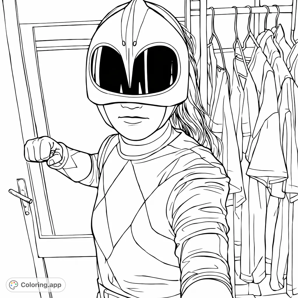 Unleash your creativity with this heroic ranger costume featuring a unique helmet, dynamic pose, and geometric suit patterns, set against an intriguing indoor backdrop.