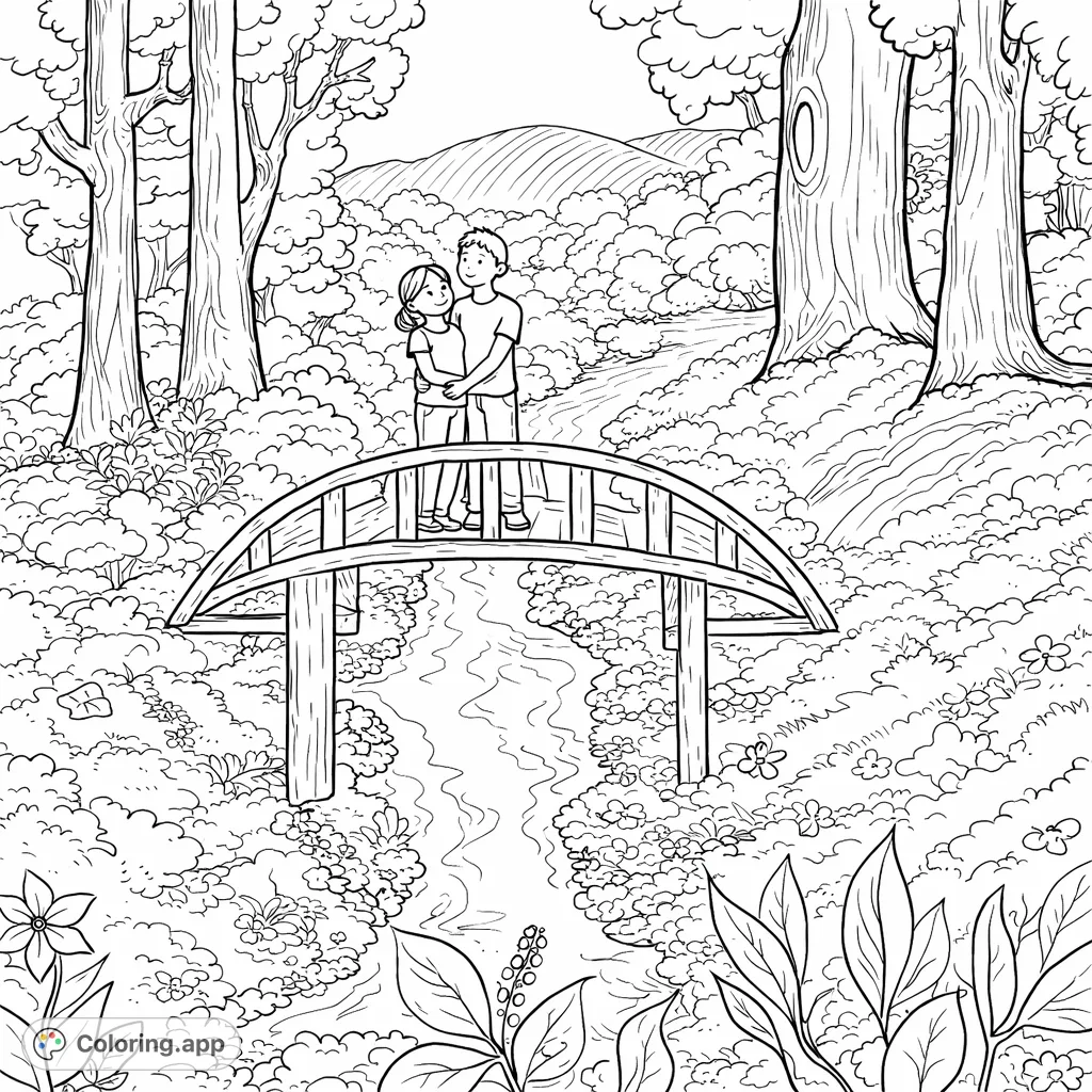 Capture a loving moment with this charming coloring page featuring a couple on a scenic bridge over a stream, surrounded by lush trees and hills. Perfect for romance and nature lovers!