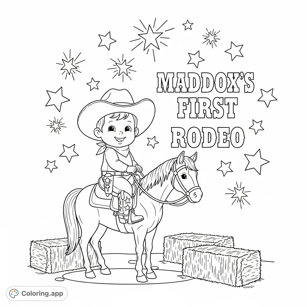 A cheerful baby cowboy on a gentle horse, surrounded by hay and twinkling stars, celebrating "MADDOX'S FIRST RODEO". A whimsical western adventure for young colorists.