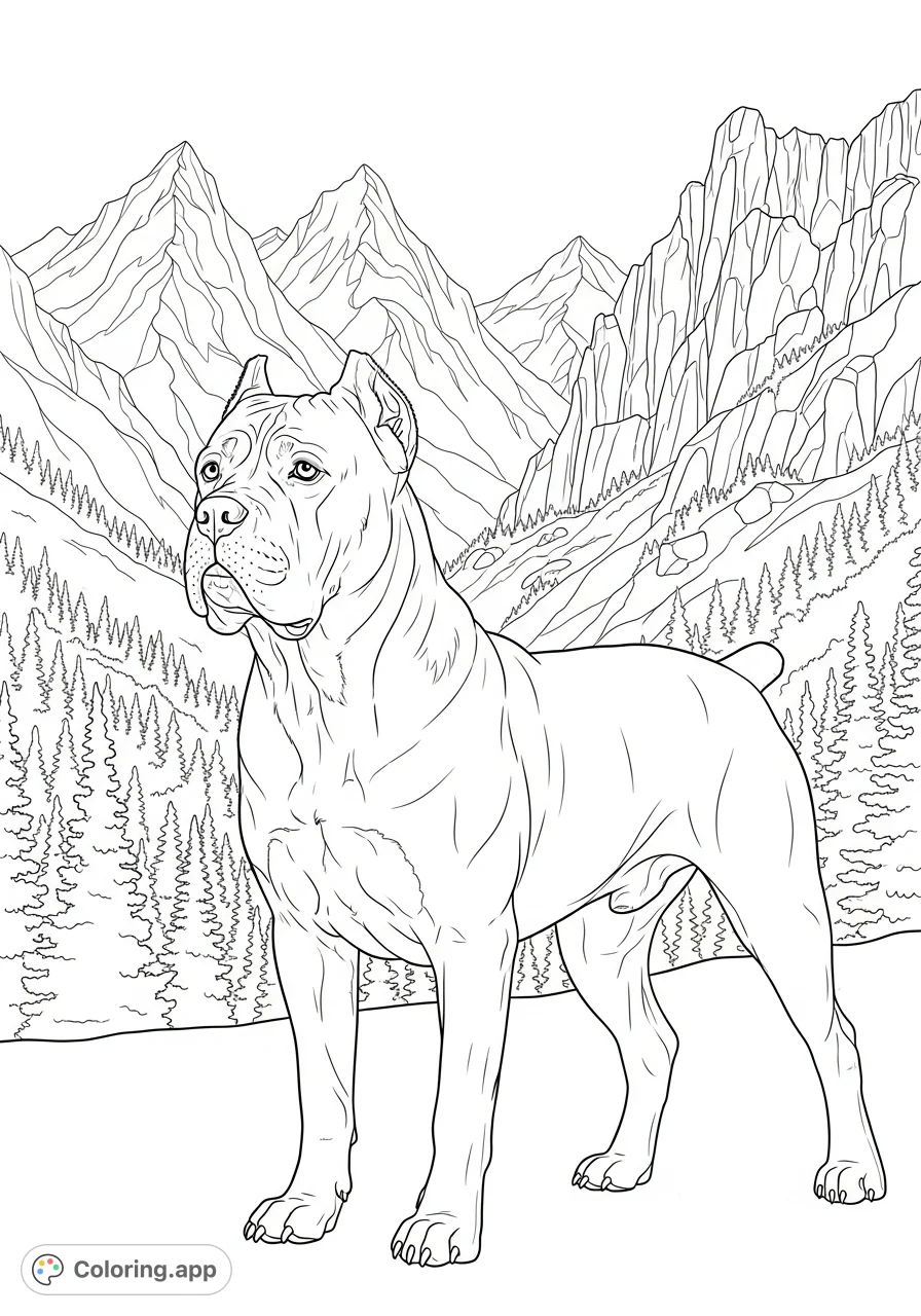Discover a majestic Cane Corso set against a rugged mountain backdrop. This detailed coloring page offers a rewarding experience for dog lovers and nature enthusiasts.