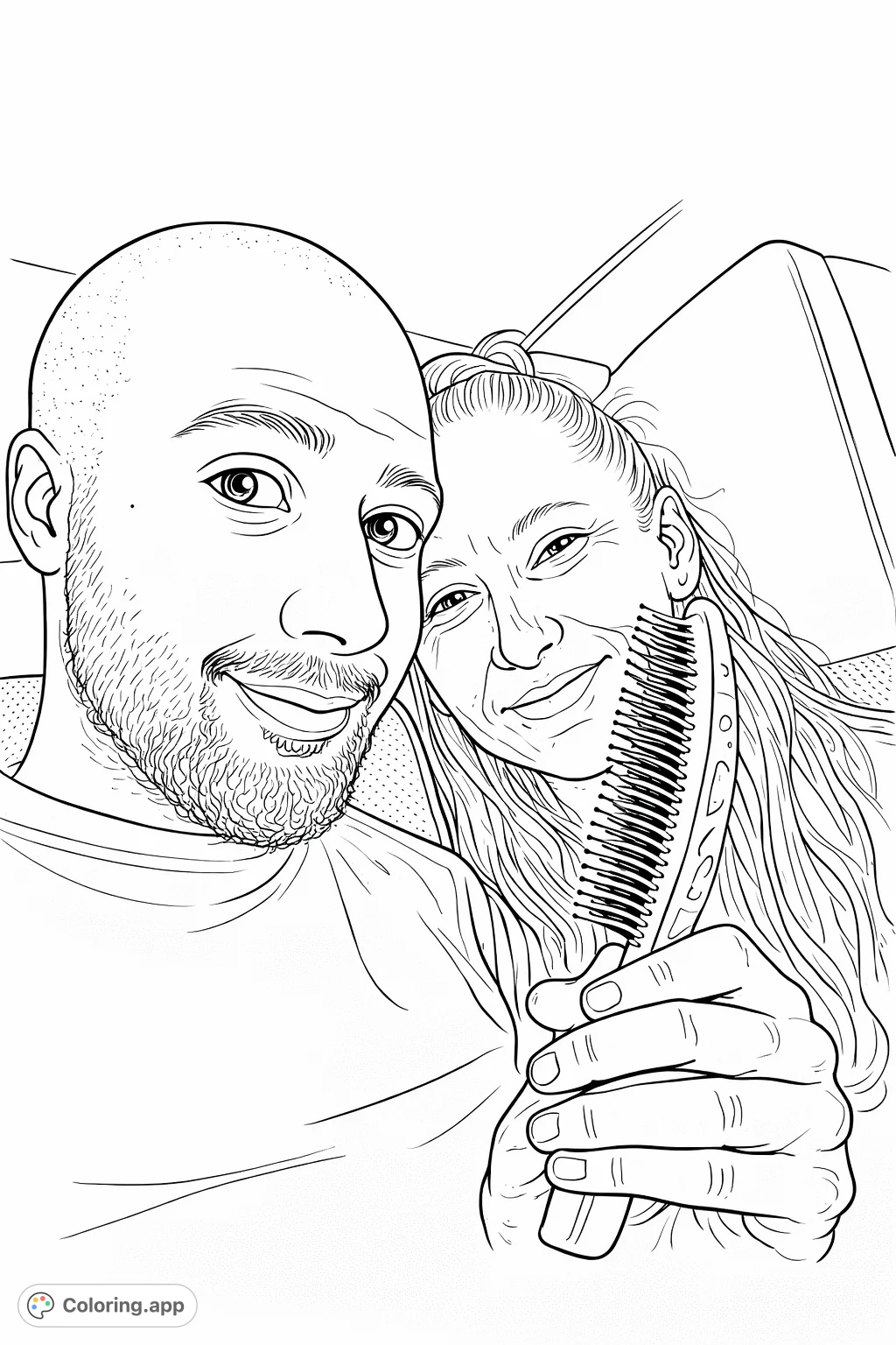 Capture a heartwarming moment with this smiling duo coloring page. Features a man and woman holding a detailed hairbrush. A fun portrait to personalize.