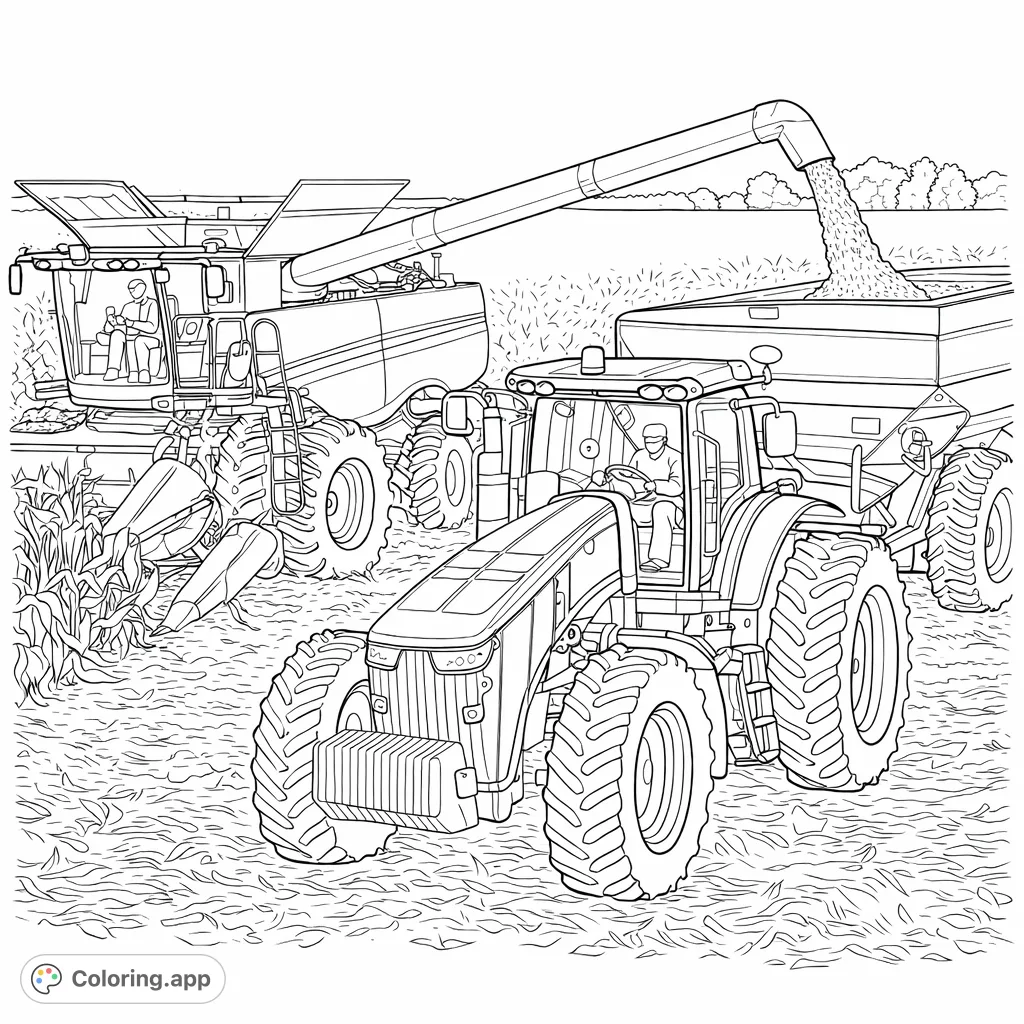 Experience the intricate world of agriculture with this detailed farm machinery coloring page, featuring a combine, tractor, and grain wagon.