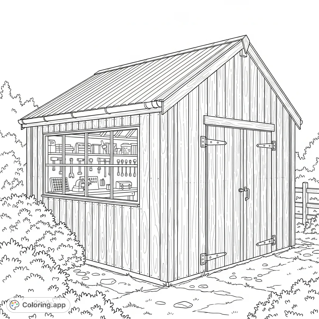 Discover a spacious, detailed manshed coloring page, ideal for adults. Features robust construction, a cozy interior hint, and a natural setting.
