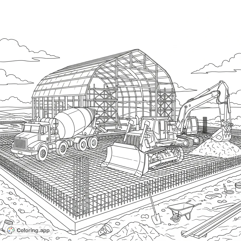 Explore a detailed barndominium construction coloring page, featuring heavy machinery, concrete work, and an emerging structural framework.