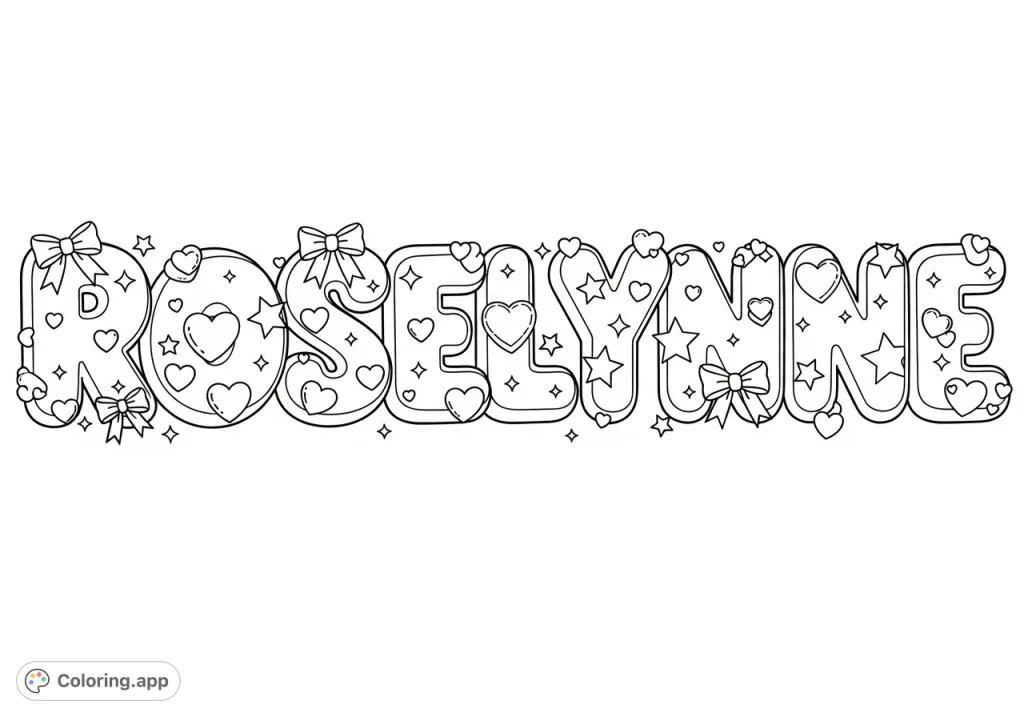 A delightful Roselynne coloring page featuring the name in prominent bubble letters, each adorned with hearts, bows, and stars. A personalized, fun, and free printable design.