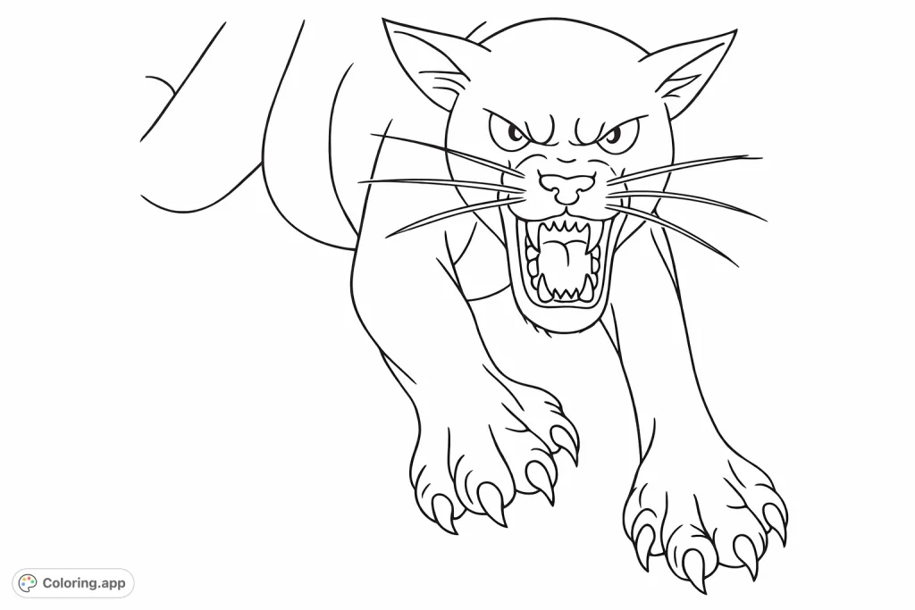 Unleash your creativity with this fierce panther coloring page, featuring a powerful big cat in a dynamic, lunging pose with bared teeth.