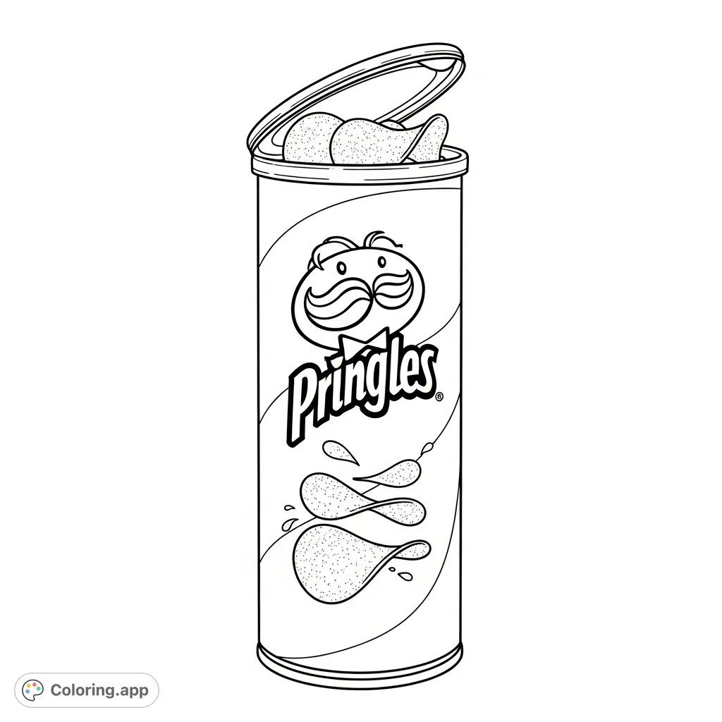A fun and familiar Pringles can coloring page, perfect for snack lovers. Features the iconic can, lid, and famous mustache logo for creative coloring.