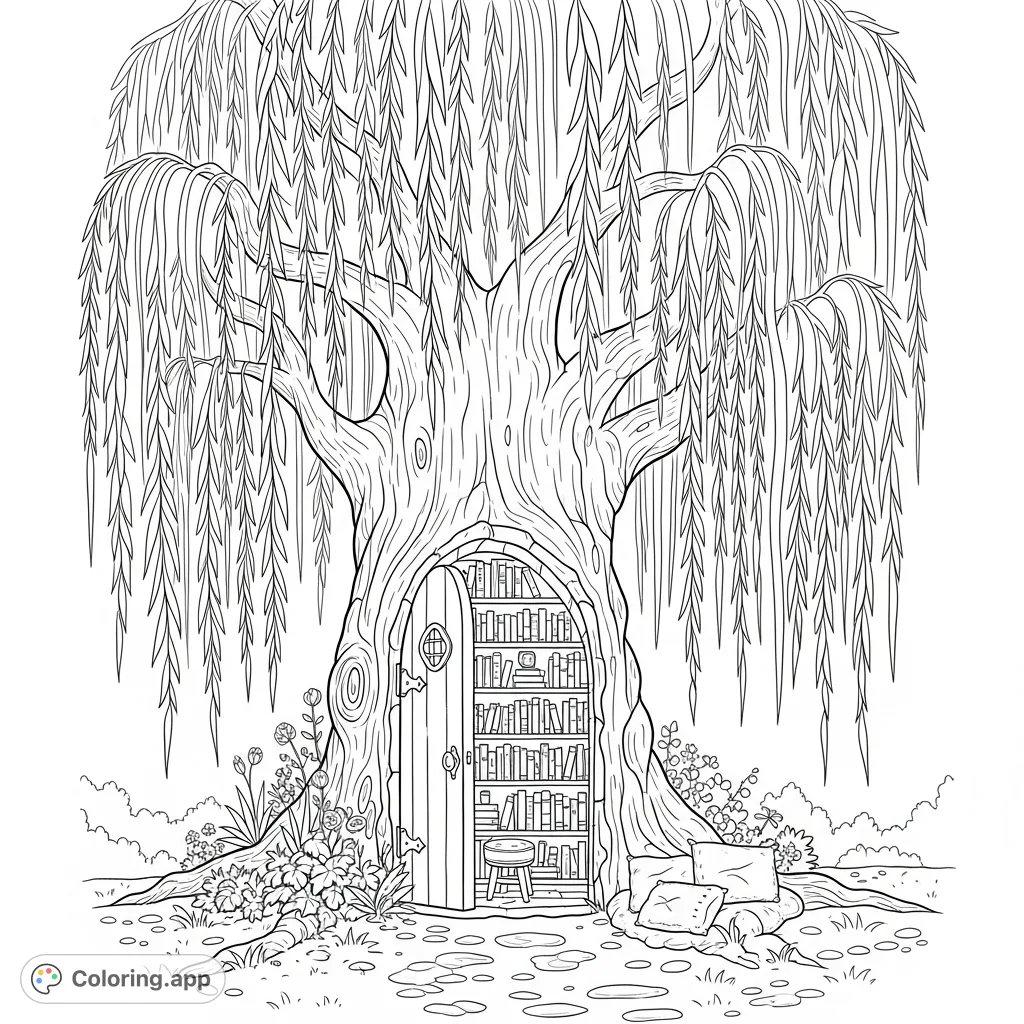 Discover a magical weeping willow tree with a secret library nestled in its trunk. An enchanting scene with cascading branches and shelves full of books.