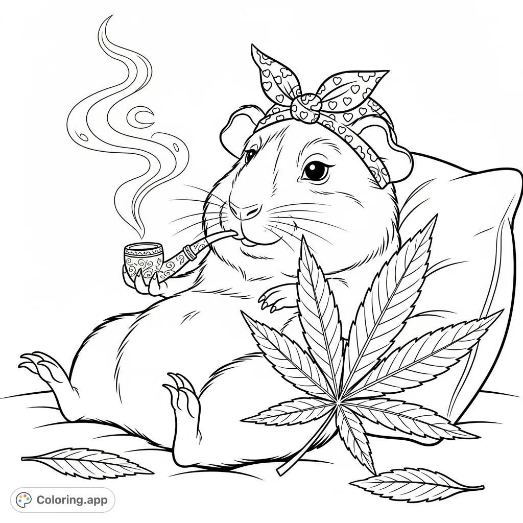 Unwind with this unique coloring page featuring a chill female guinea pig, lounging contentedly with a pipe and stylized leaf. Perfect for stress relief!