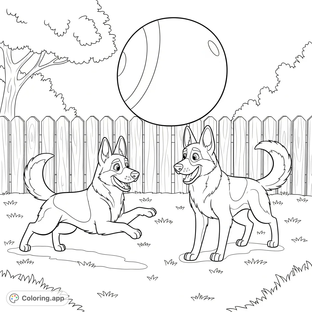 Two animated German Shepherds joyfully play with a ball in their fenced backyard. A fun German Shepherds coloring page for kids to enjoy!