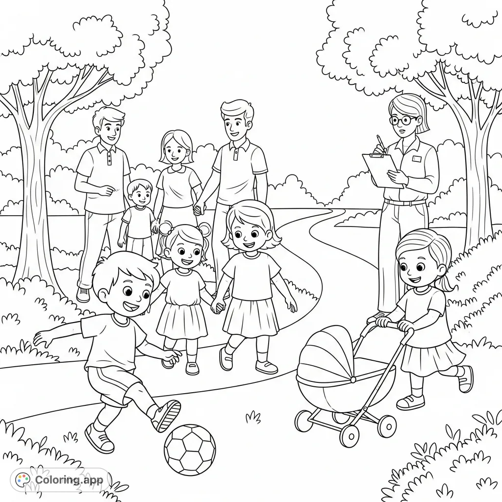 A heartwarming scene of active kids playing and walking with family, observed by a researcher. A free printable coloring page promoting health and wellness.