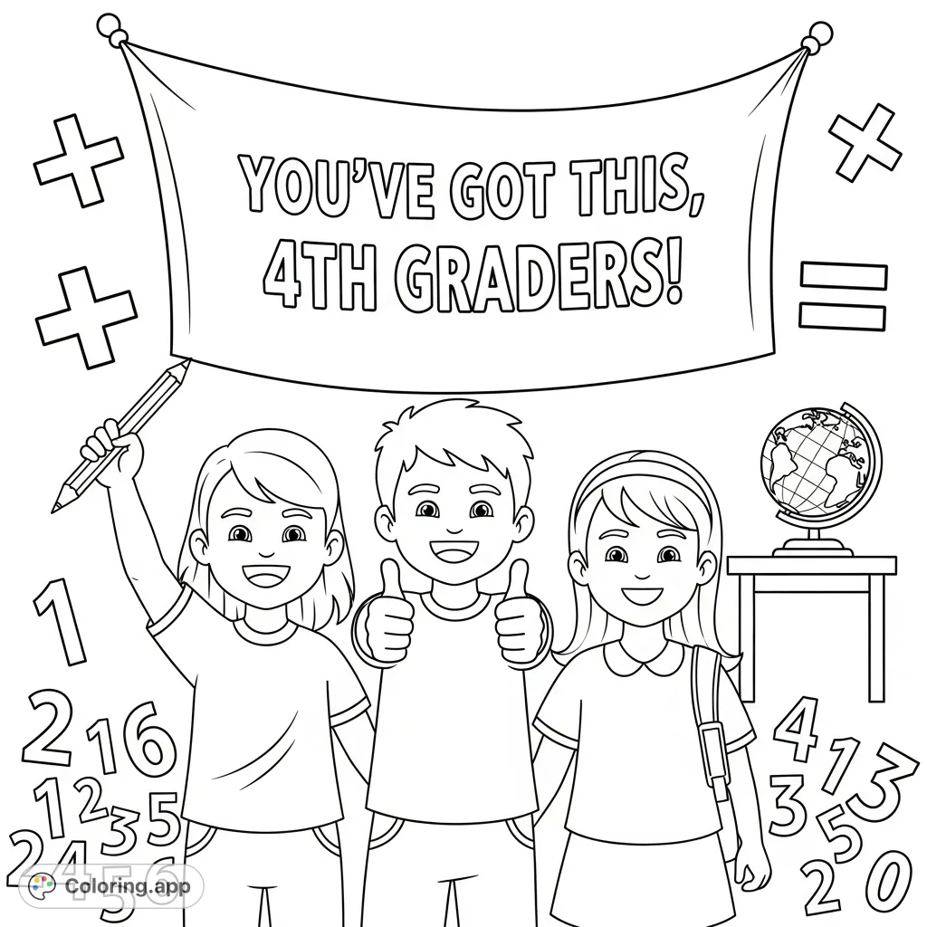 Celebrate academic success! Three triumphant 4th graders, an encouraging banner, and math symbols fill this inspiring coloring page for young learners.