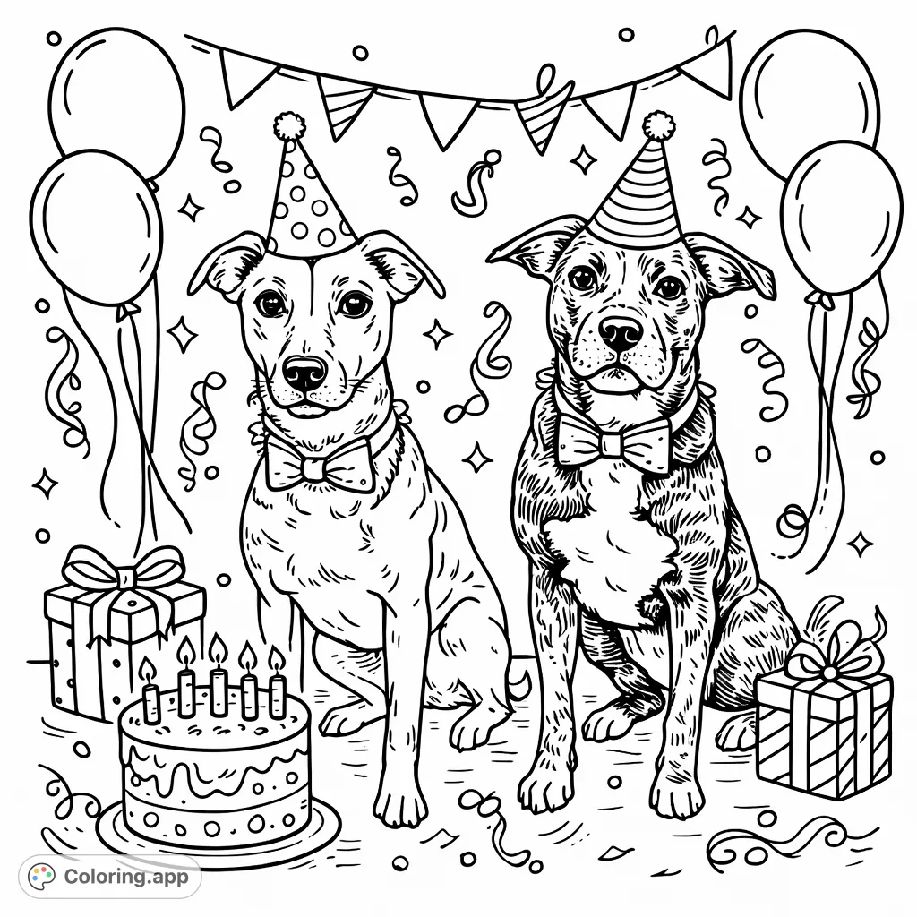 Celebrate friendship with these two adorable pups! A cartoony birthday party scene with bold outlines awaits your creative touch. Perfect for kids and dog lovers.