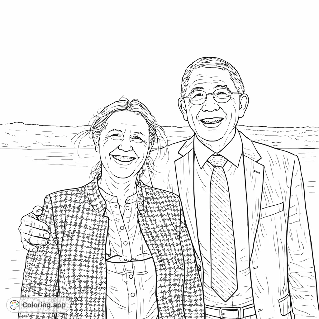 A heartwarming portrait of a smiling couple standing by a tranquil body of water. Features a woman in a patterned jacket and a man in a suit.