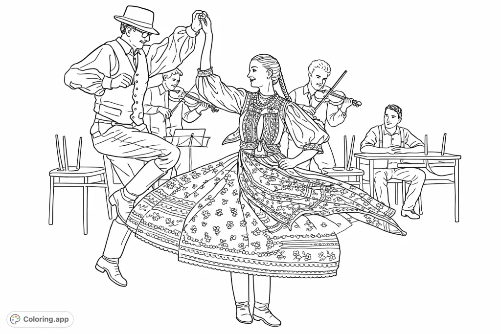Experience the lively spirit of traditional dance! This page features a dynamic couple in ornate costumes, performing on stage with musicians and an audience. Perfect for cultural exploration.