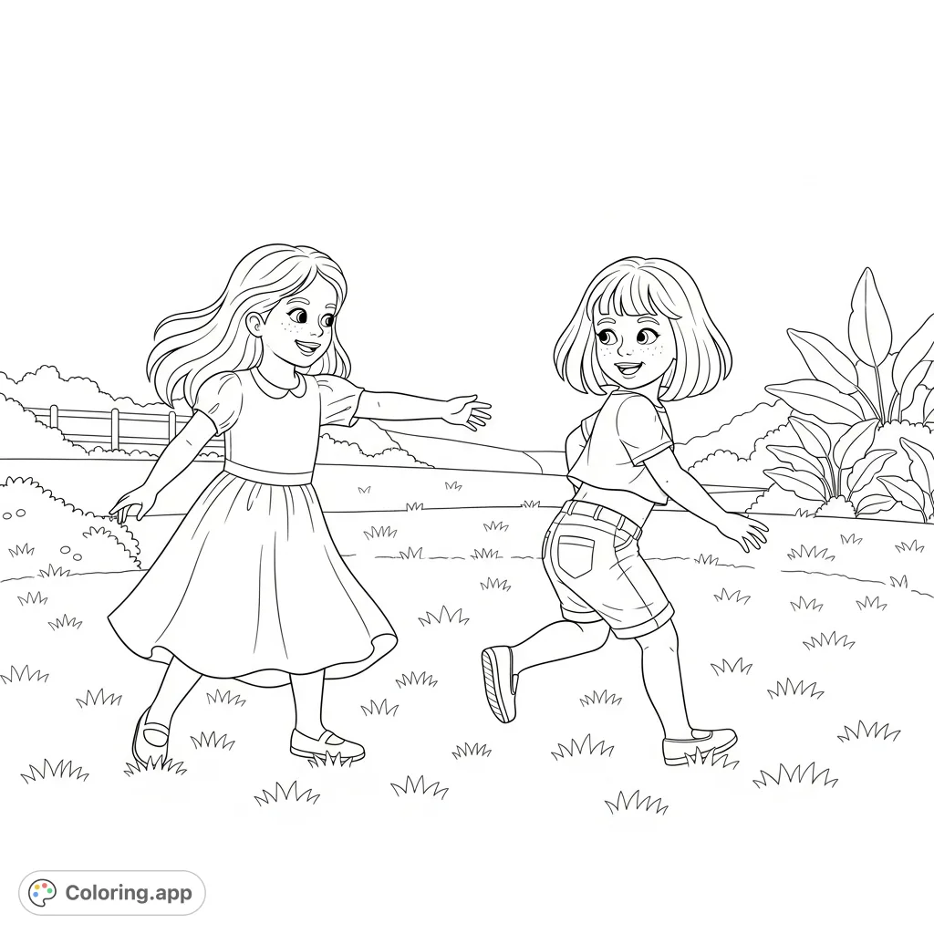 Capture the joy of childhood with two friends engaged in a lively game of tag. A dynamic scene of playful chase, perfect for young colorists.
