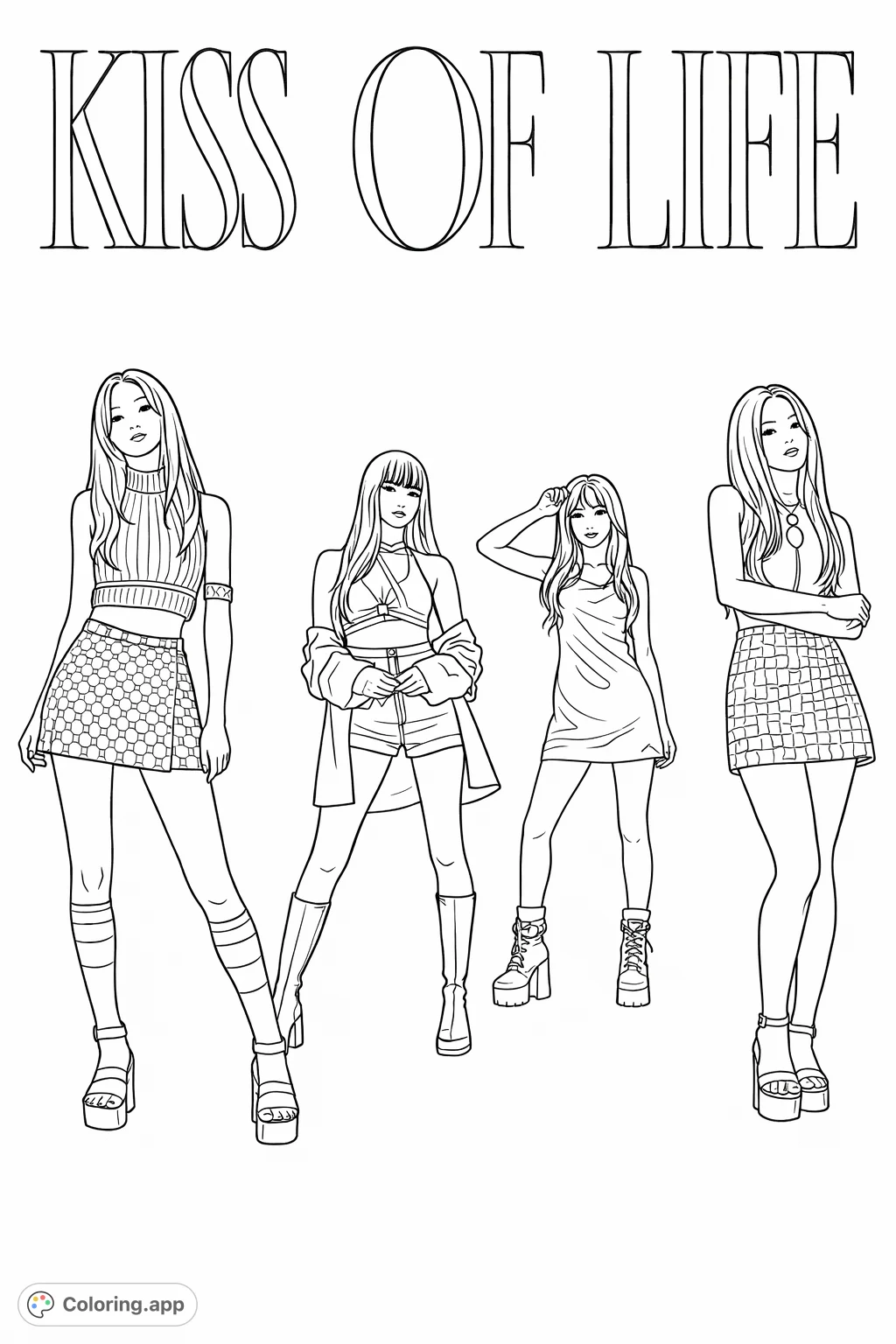 Color a dynamic scene featuring four stylish young women in trendy outfits, showcasing various fashion elements perfect for creative expression.