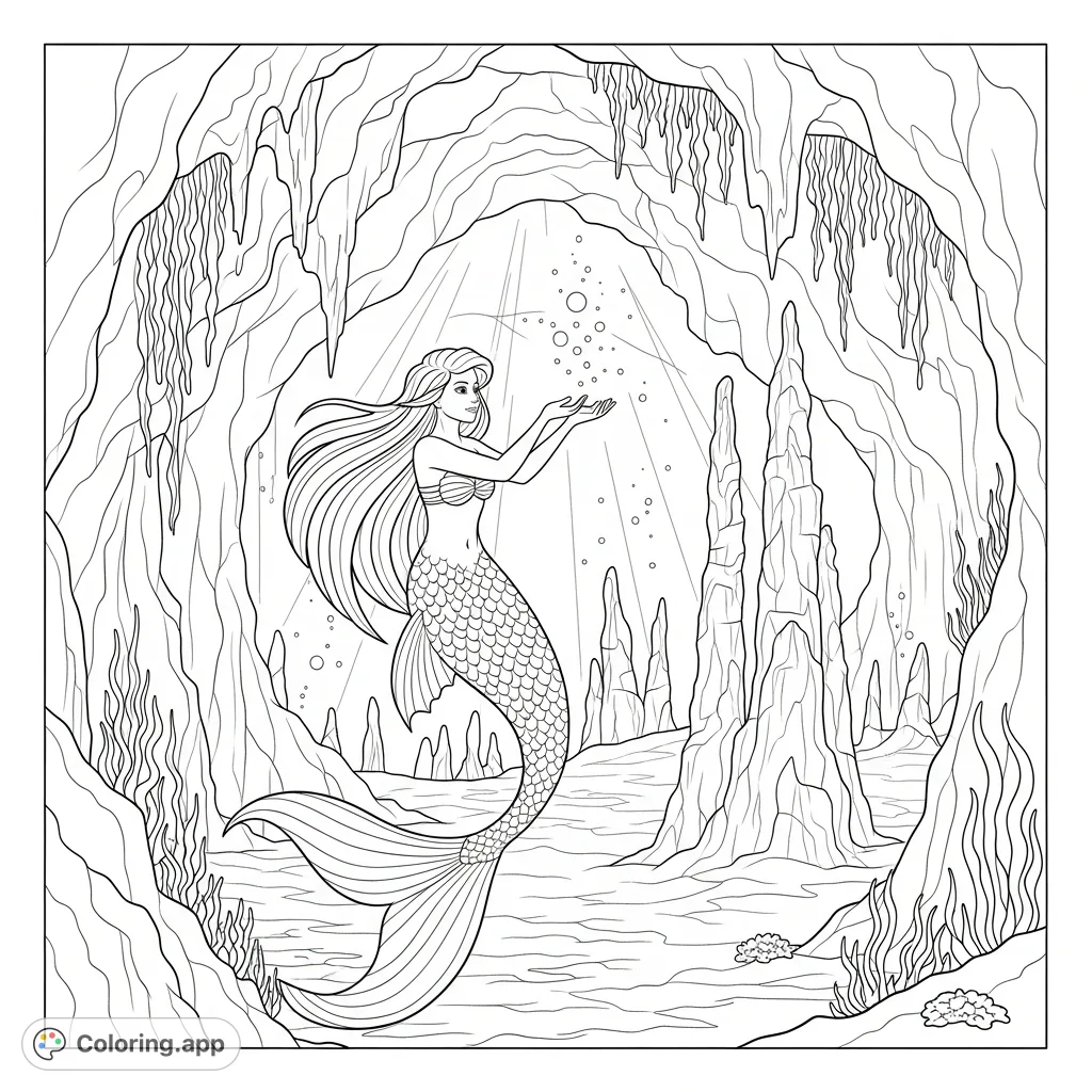 Explore a captivating deep-sea mermaid coloring page featuring a graceful mermaid amidst an ocean cave, illuminated by a mysterious glow. A free printable coloring page.