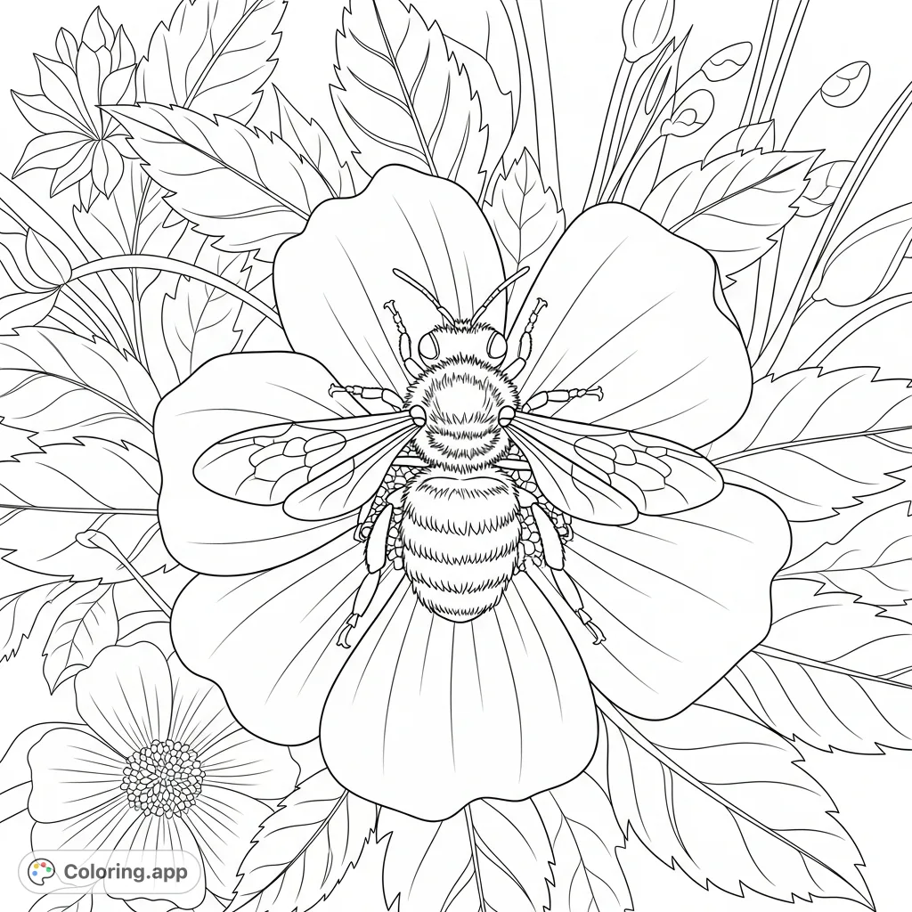 Discover a charming garden bee coloring page! A detailed bee rests on a beautiful flower amidst lush garden foliage. Perfect for all ages to enjoy!