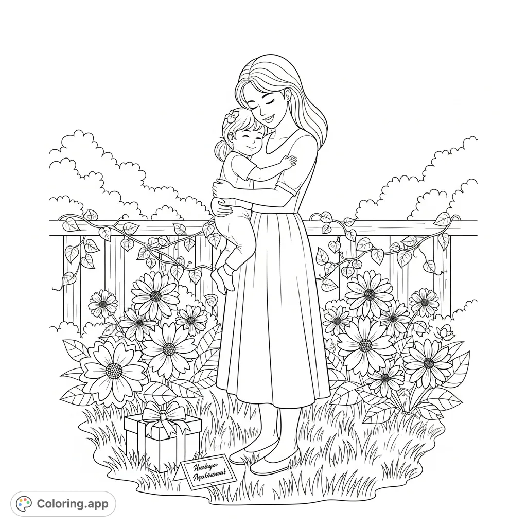 A beautiful Mother's Day coloring page featuring a mother and child sharing a tender embrace in a garden filled with flowers and gifts. A perfect way to celebrate!