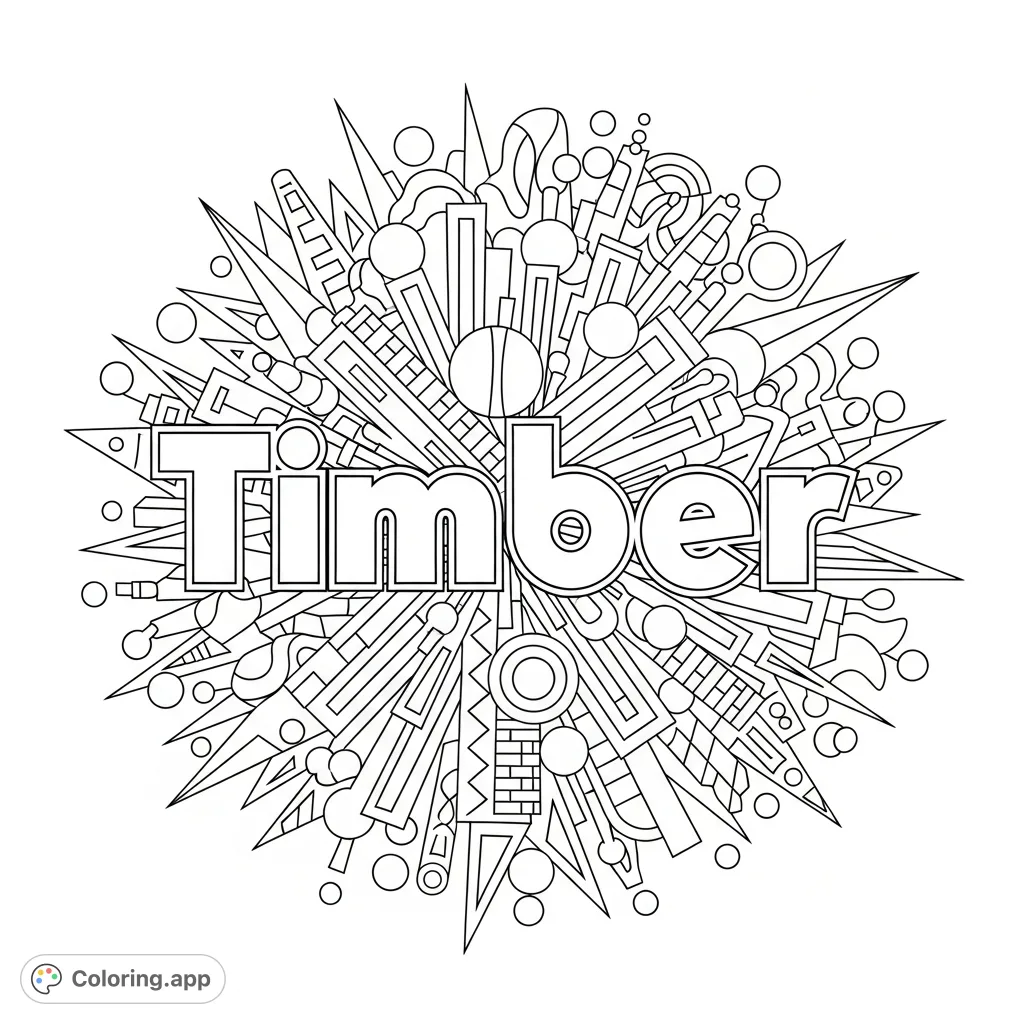 An engaging geometric shapes coloring page featuring the bold name "Timber" at its center, surrounded by intricate patterns and diverse forms for creative expression.