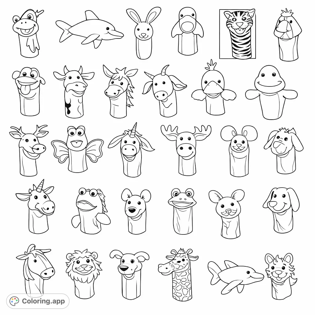 Explore a delightful collection of charming animal hand puppets, from a friendly dolphin to a playful lion. Perfect for imaginative coloring adventures.