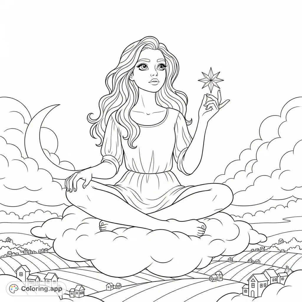 A young woman floats on a soft cloud, holding a tiny star, with a dreamy landscape and crescent moon below. A whimsical coloring page for creative minds.