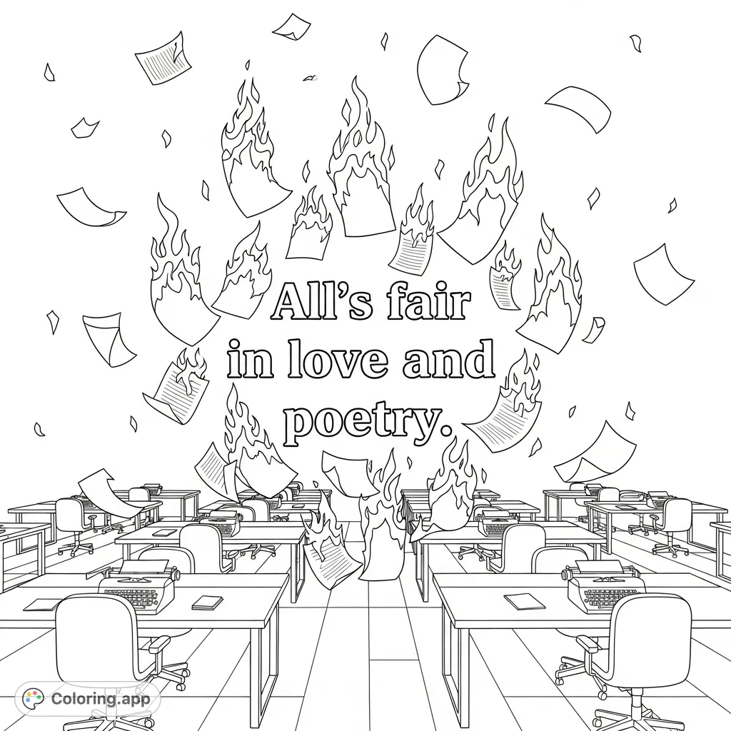An evocative scene with the quote "All's fair in love and poetry" amidst burning and falling papers in an empty, vintage office. A poetic and dramatic design.
