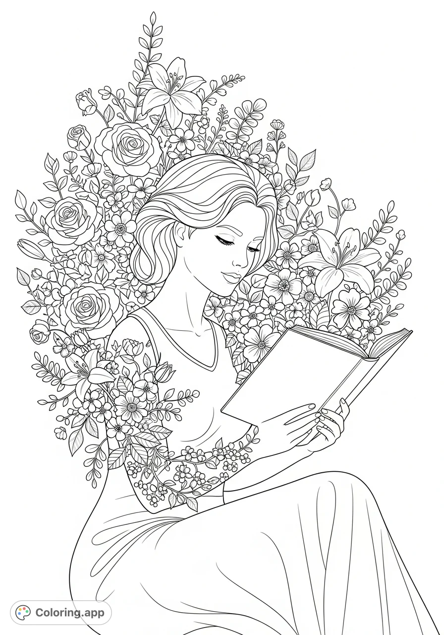An elegant woman engrossed in a book, from which a profusion of delicate flowers and vines gracefully emerge, enveloping her in a peaceful, botanical embrace.