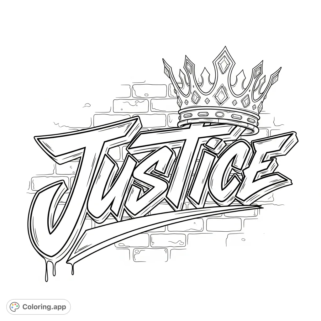 A powerful Justice graffiti coloring page featuring bold, stylized lettering crowned with royalty. Express your creativity on this urban art design, perfect for all ages.