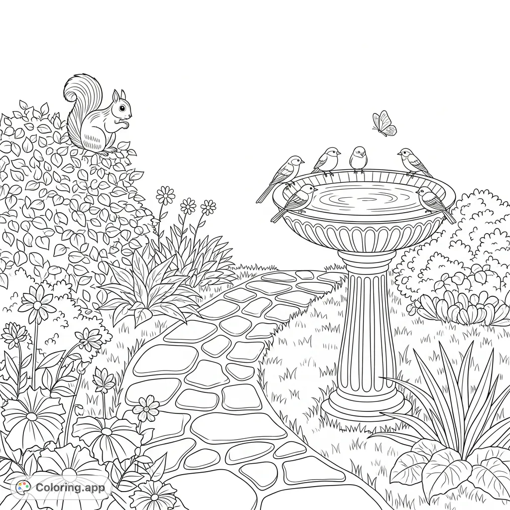 Discover a charming garden scene with a winding pathway, a detailed bird bath, and playful animals. A delightful animal garden coloring page for all ages.