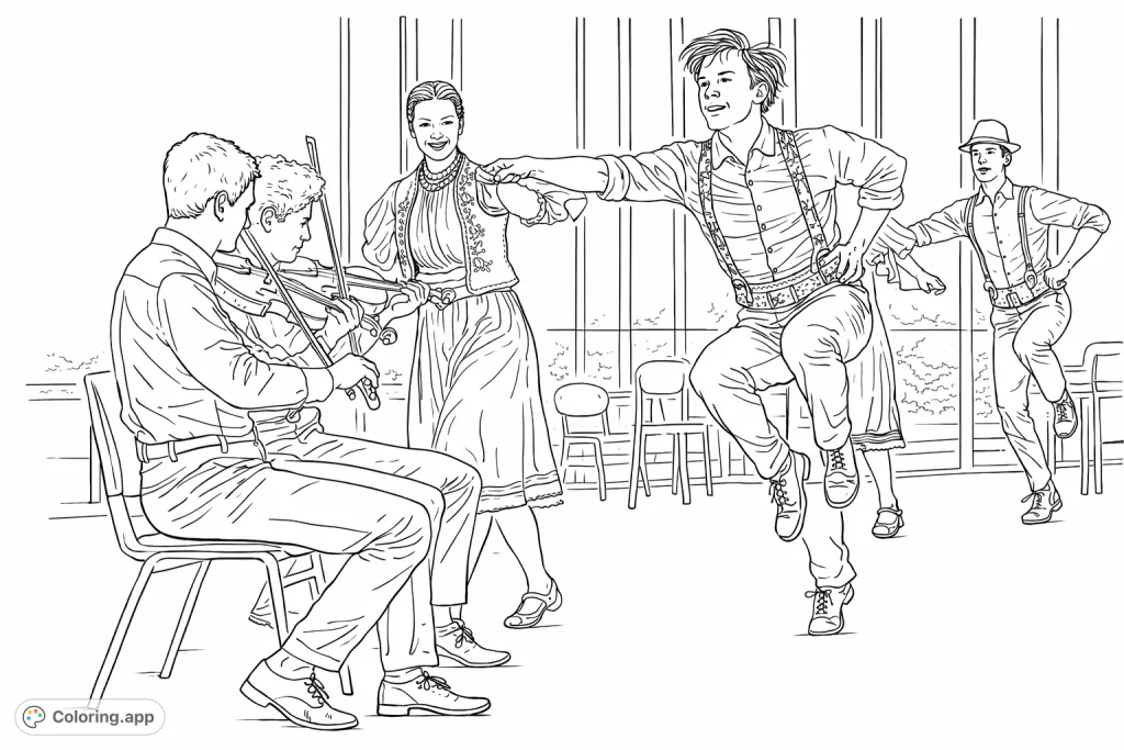 Experience the energetic world of traditional folk dance and music. Features dancers in elaborate costumes and musicians playing violins in a lively performance.