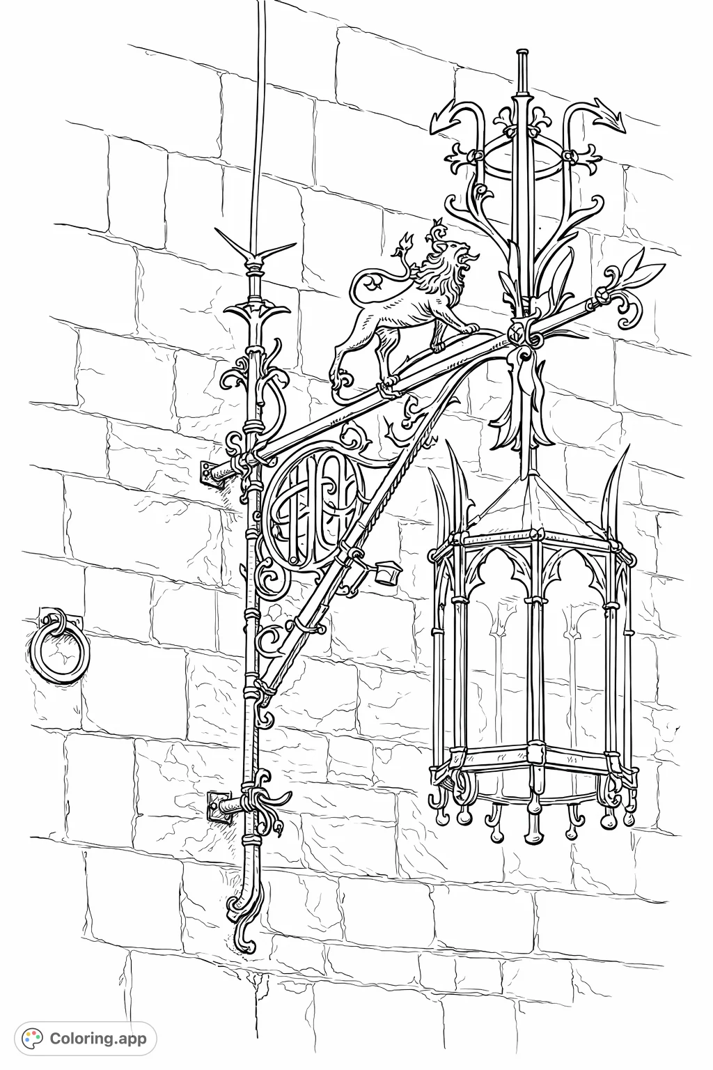 An intricate medieval wrought iron lantern mounted on a stone wall, featuring a regal lion and ornate scrolling details. A historical architecture coloring page.