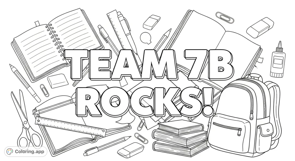 Celebrate school spirit with this TEAM 7B ROCKS! coloring page featuring bold text and an array of fun school supplies, perfect for students.