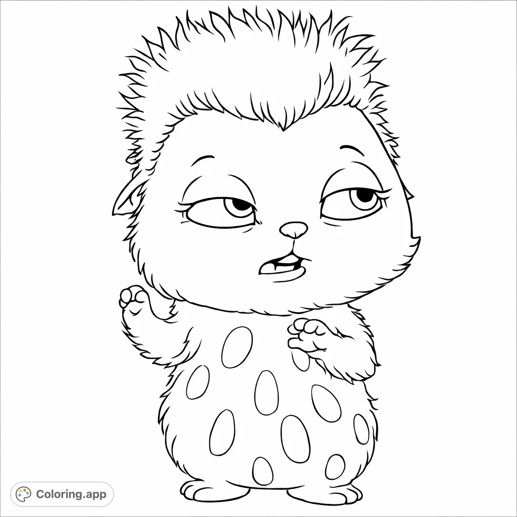 A charming coloring page featuring a cute, fuzzy creature with large eyes, a tufted head, and distinct body patterns, perfect for imaginative coloring.