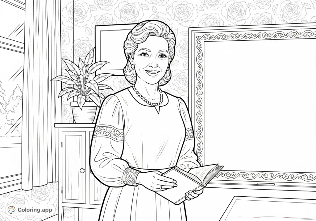 Color a heartwarming portrait of Mrs. Olivarez, a kind figure with a gentle smile, holding a book in a cozy classroom setting. Perfect for inspiring gratitude.