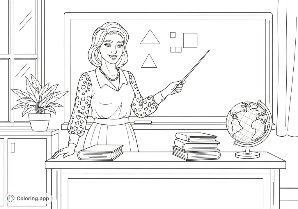 A delightful Mrs. Olivarez coloring page featuring a kind teacher in her detailed classroom, complete with books, a chalkboard, and a globe.