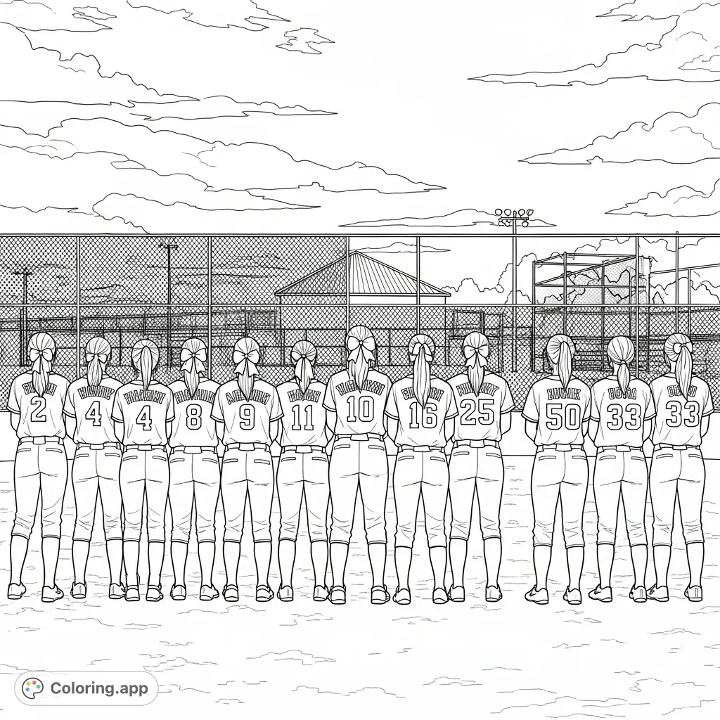 Capture the spirit of a high school softball team with twelve players lined up on the field, uniforms detailed with numbers and names.
