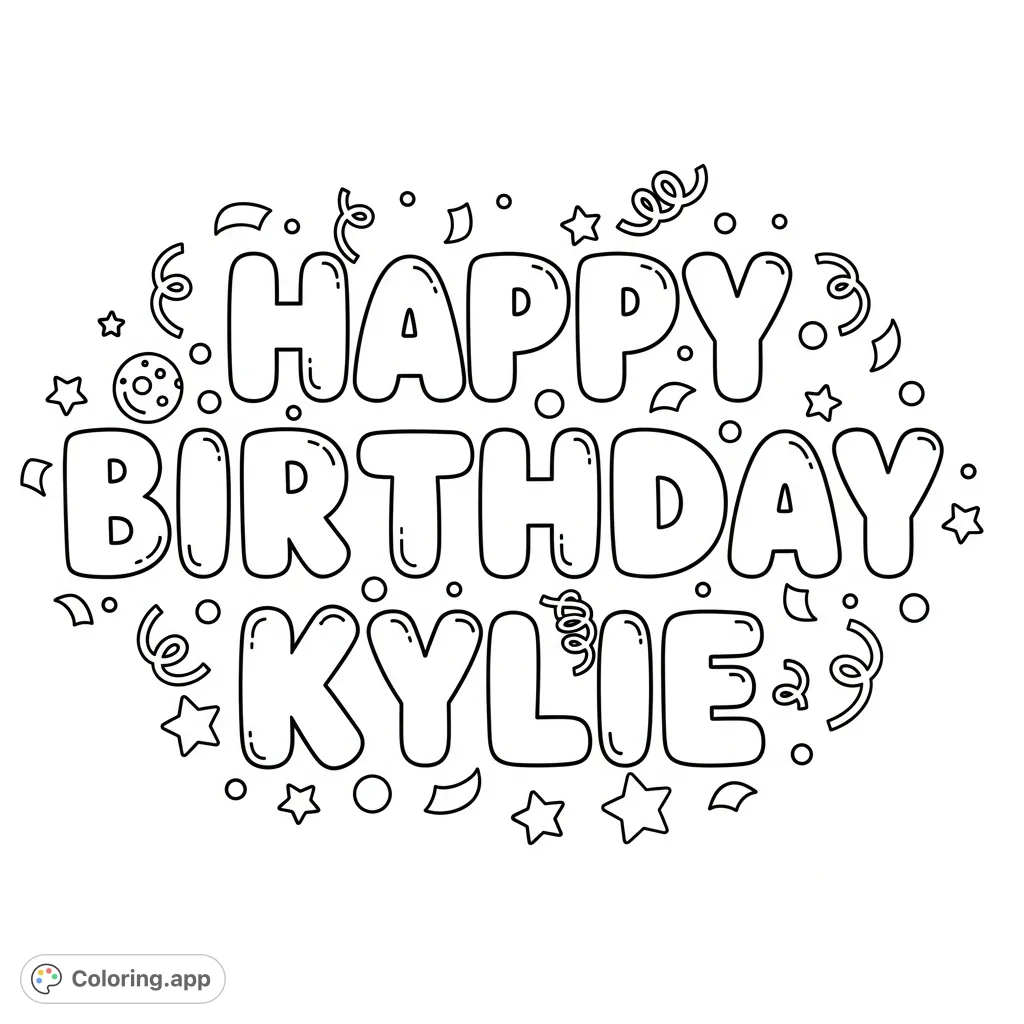 Celebrate Kylie's special day! This free printable coloring page features "Happy Birthday Kylie" in cheerful bubble letters, surrounded by festive shapes.