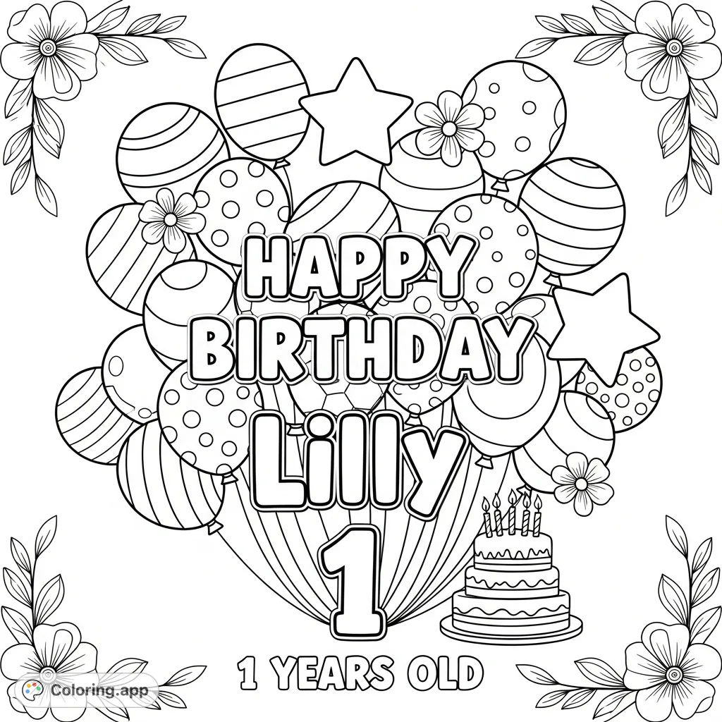 A delightful first birthday scene for Lilly, featuring balloons, flowers, a multi-tiered cake, and festive confetti and streamers. Perfect for celebrating!