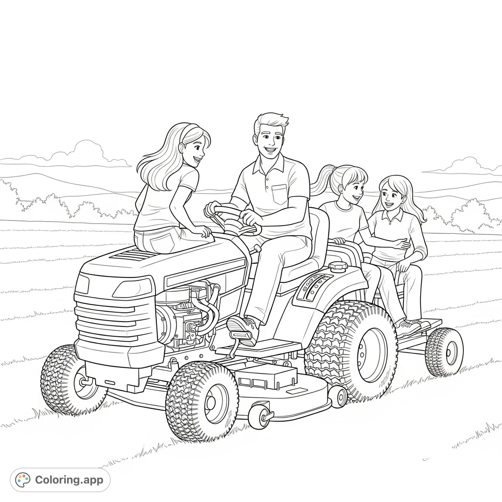 A cheerful double date scene on a riding lawnmower, featuring two girls and two guys enjoying a unique, fun outing across a wide-open lawn.