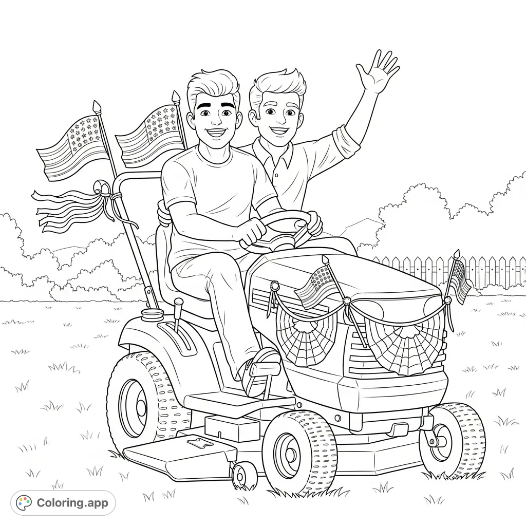 Two best friends on a festive, Fourth of July themed lawnmower, complete with stars, stripes, and streamers. A joyful, patriotic scene to color!