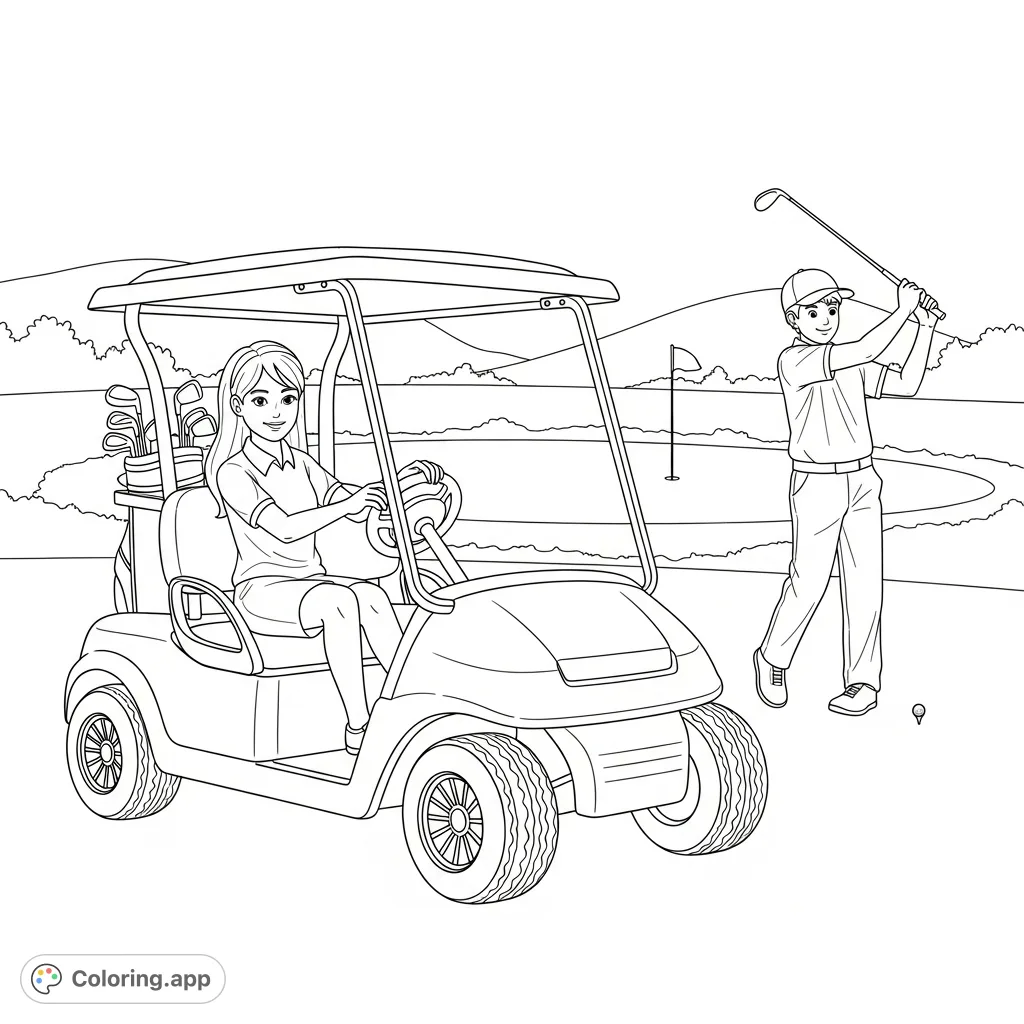 Discover a delightful golf scene with a girl relaxing in a cart and a boy taking a swing. Perfect for sports enthusiasts and aspiring golfers!