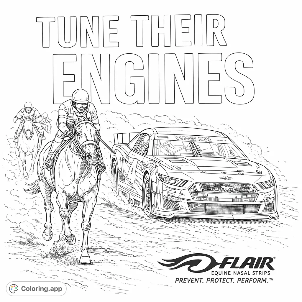 Experience the thrill of competition with this highly detailed racing coloring page featuring a powerful horse and a sleek stock car side-by-side.